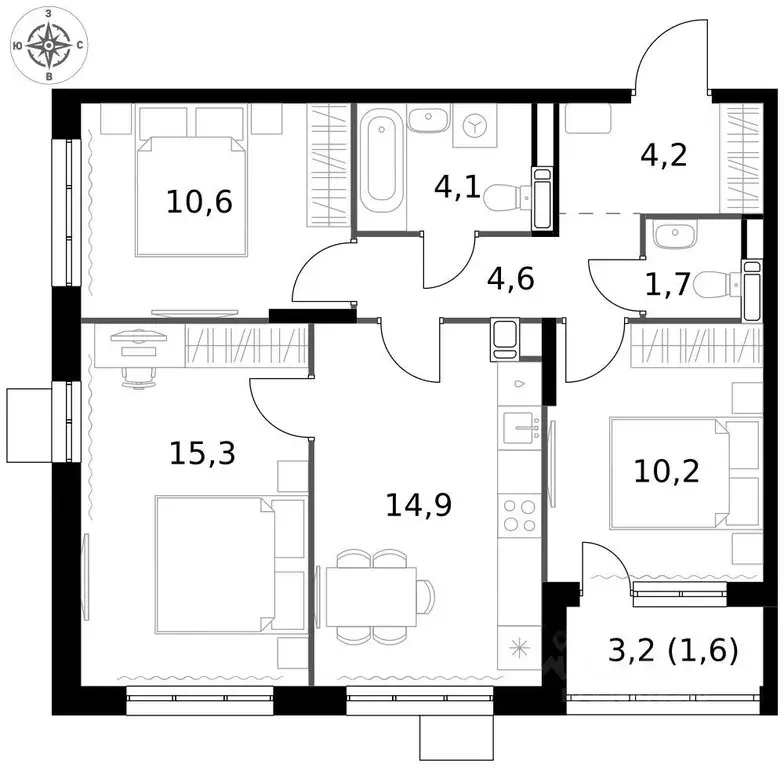 Квартира, 3 комнаты, 67.2 м - Фото 2