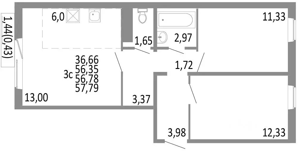 3-к кв. Челябинская область, Челябинск ул. Блюхера, 125Б (56.78 м) - Фото 0