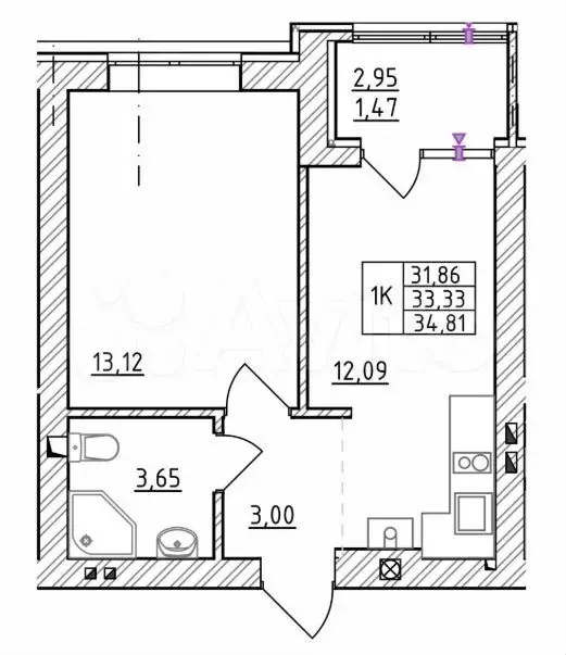 1-к. квартира, 33,3 м, 6/7 эт. - Фото 1