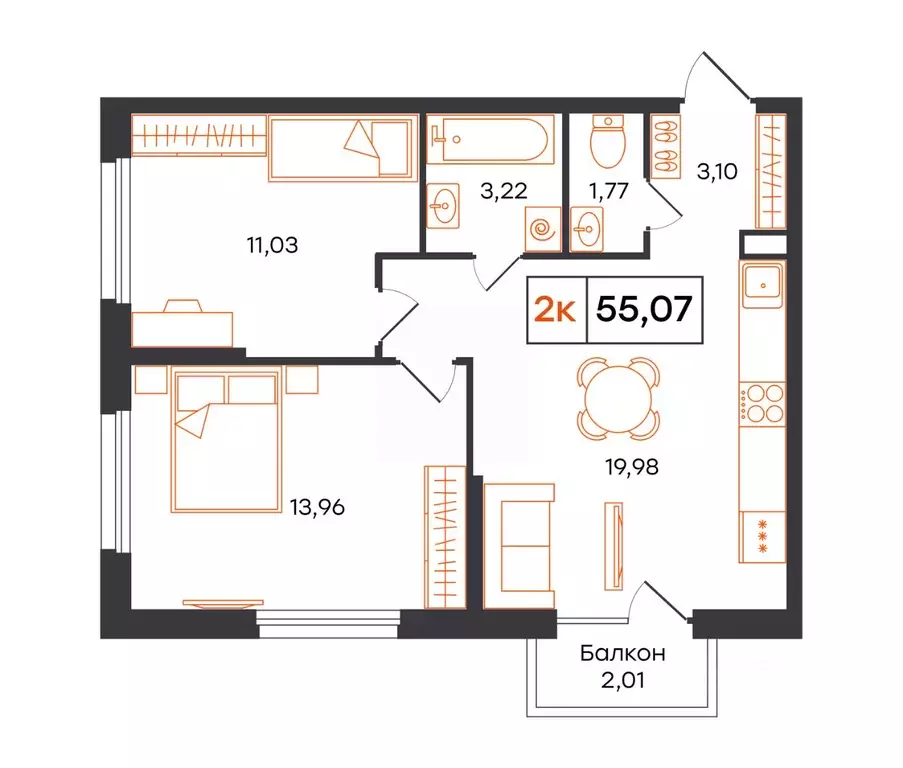 2-к кв. Тюменская область, Тюмень Полевая ул., 117к12 (55.07 м) - Фото 1