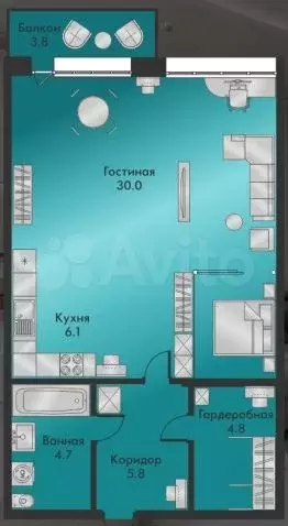 Квартира-студия, 55 м, 5/9 эт. - Фото 1