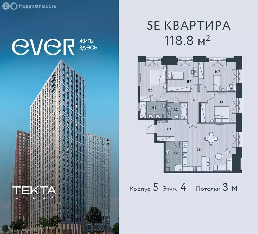 5-комнатная квартира: Москва, жилой комплекс Эвер (118.8 м) - Фото 0