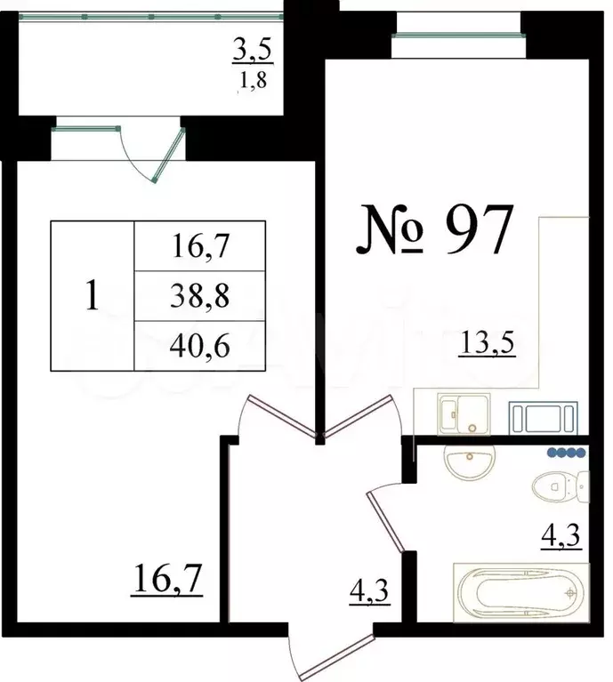 1-к. квартира, 40,6 м, 3/8 эт. - Фото 0