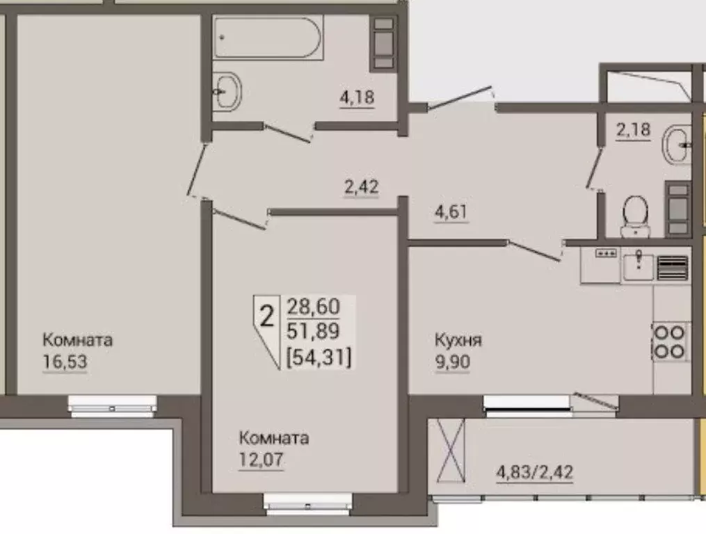Продаётся 2-к квартира, 54 м - Фото 1