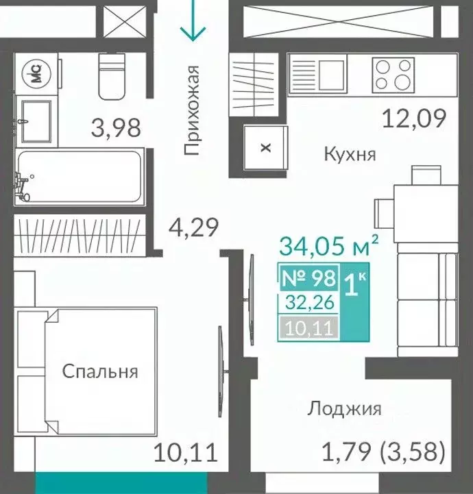 1-к кв. Севастополь ш. Балаклавское (32.26 м) - Фото 1