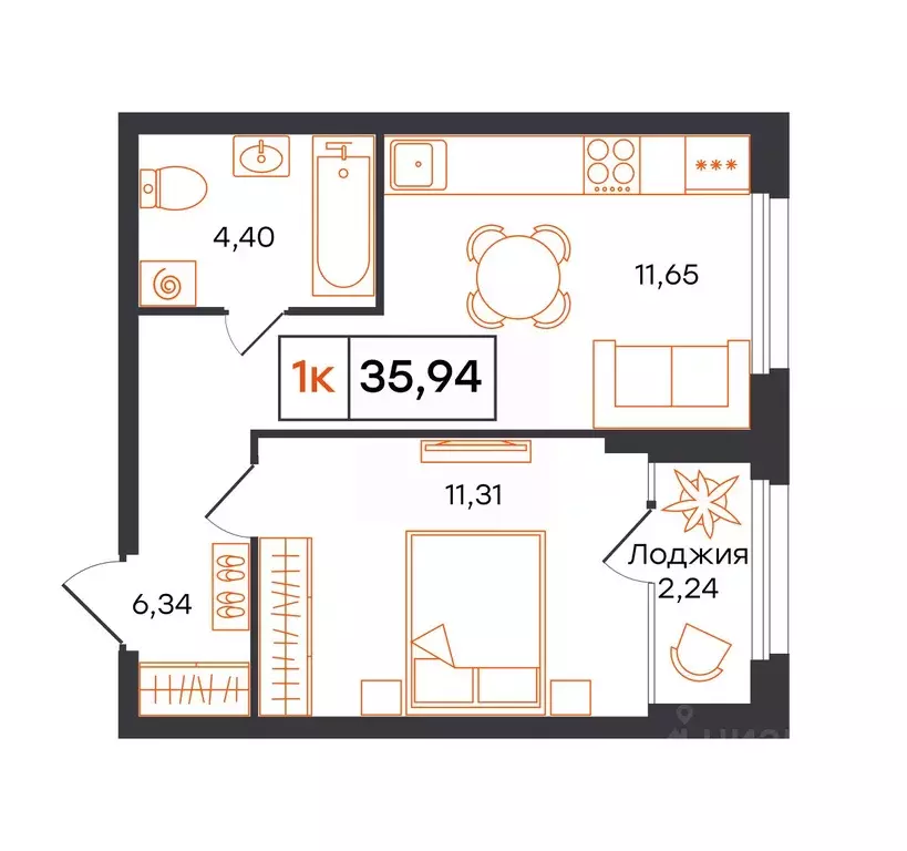 1-к кв. Тюменская область, Тюмень Полевая ул., 117к13 (35.94 м) - Фото 1
