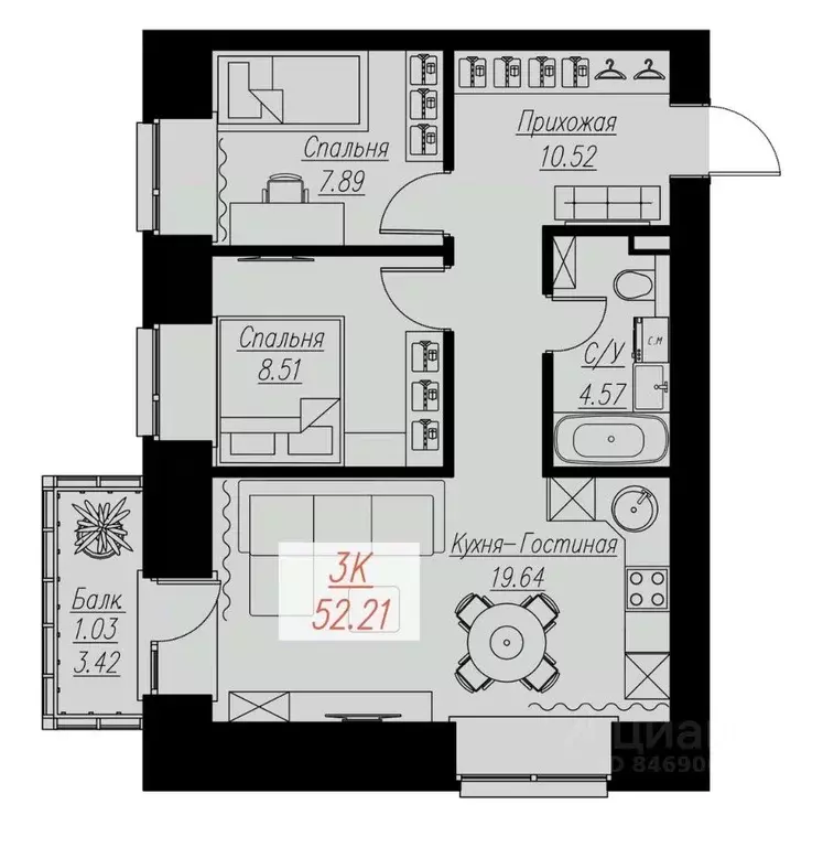 2-к кв. Красноярский край, Красноярск Семафорная ул., 441а (52.21 м) - Фото 0