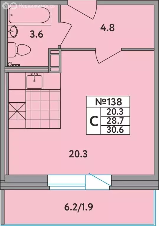 Квартира-студия: Новое Девяткино, Главная улица, 2 (30.6 м) - Фото 1