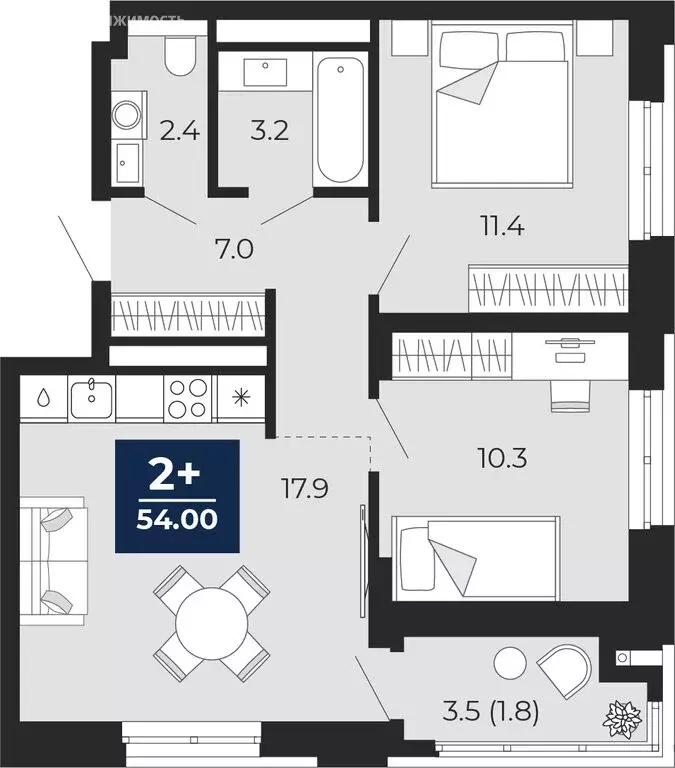 2-комнатная квартира: Тюмень, проезд Капитана Куликова, 7 (55.7 м) - Фото 1