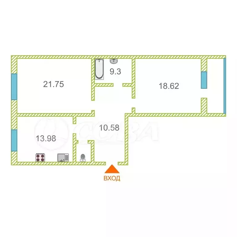 2-комнатная квартира: Тюмень, Севастопольская улица, 2к4 (77 м) - Фото 2
