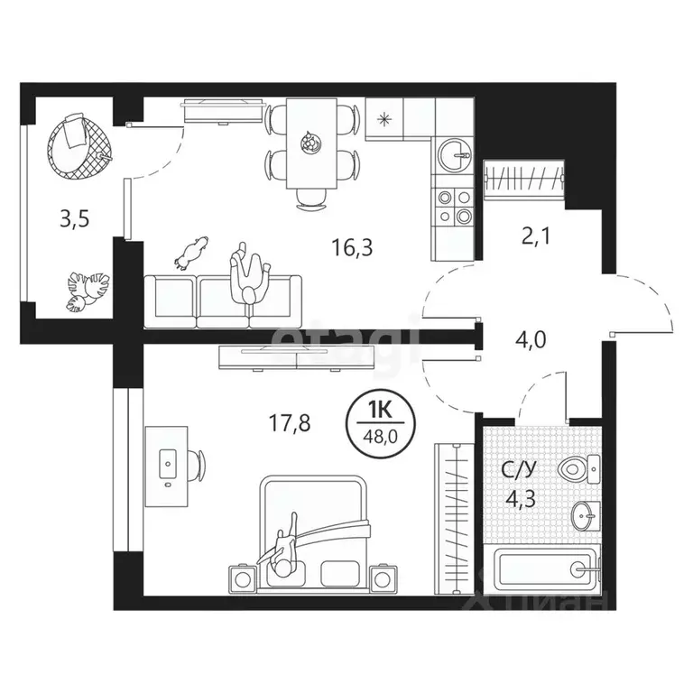 1-к кв. Тюменская область, Тюмень ул. Разведчика Кузнецова, 7 (48.0 м) - Фото 0