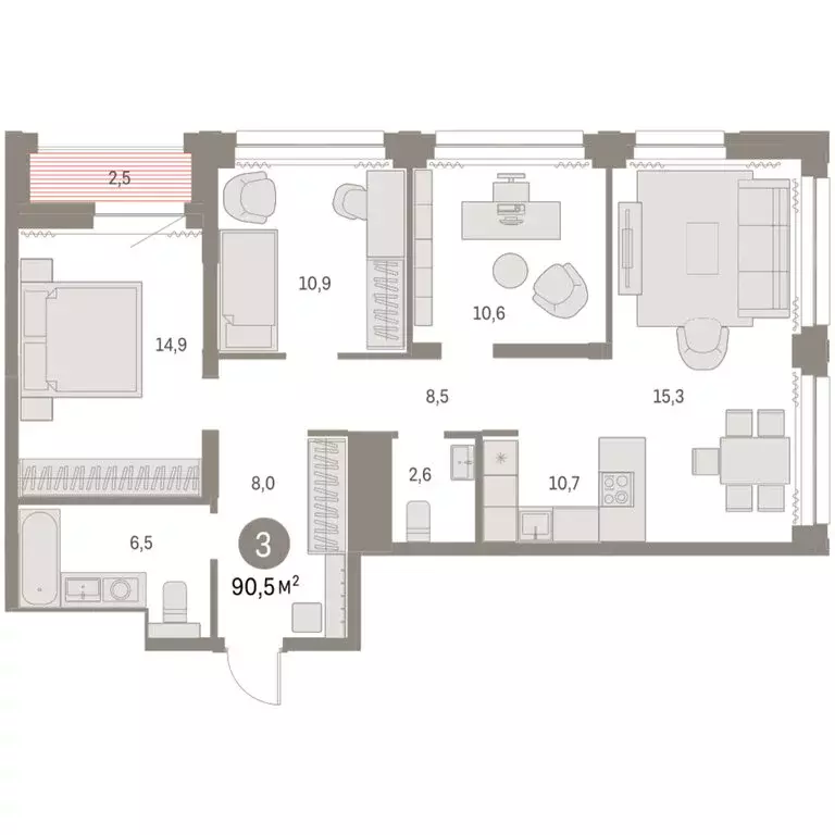 3-комнатная квартира: Новосибирск, жилой комплекс Мылзавод (90.54 м) - Фото 1