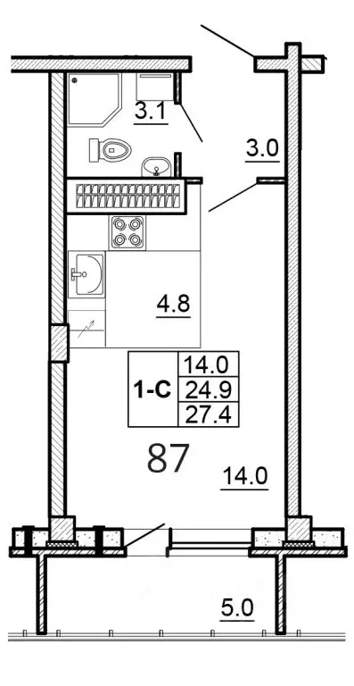 Студия Псковская область, Псков ул. Алексея Алехина, 14 (27.4 м) - Фото 1