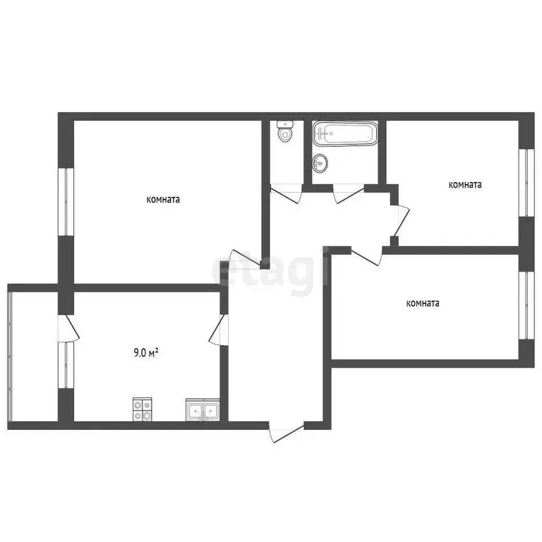 3-комнатная квартира: деревня Дюдьково, 3 (68 м) - Фото 1