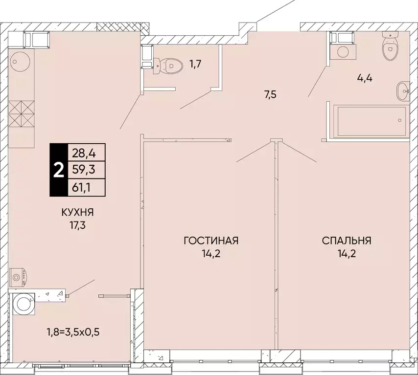 2-к квартира, 61.1 м - Фото 0