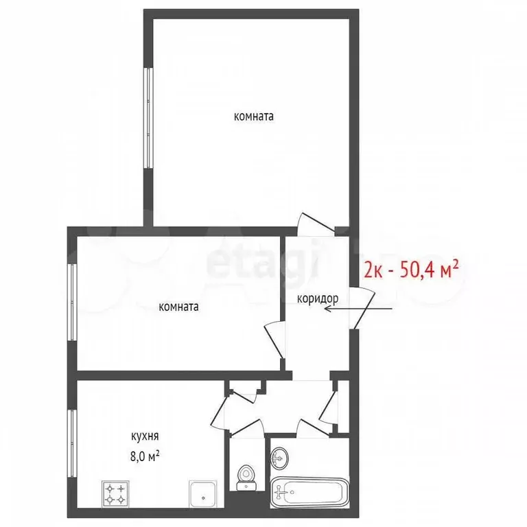 2-к. квартира, 50,4 м, 1/5 эт. - Фото 1