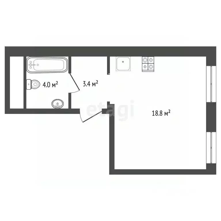 Студия Тюменская область, Тюмень ул. Евгения Войнова, 3 (26.4 м) - Фото 2