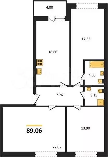 3-к. квартира, 89,1 м, 1/9 эт. - Фото 1