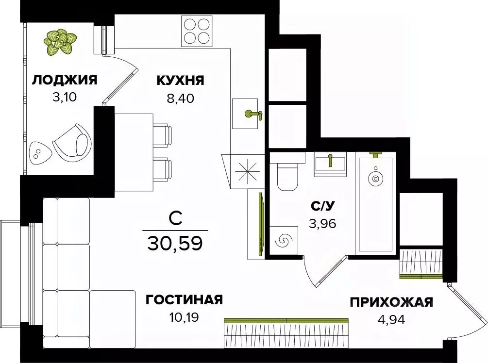 Студия Тульская область, Тула  (30.59 м) - Фото 0