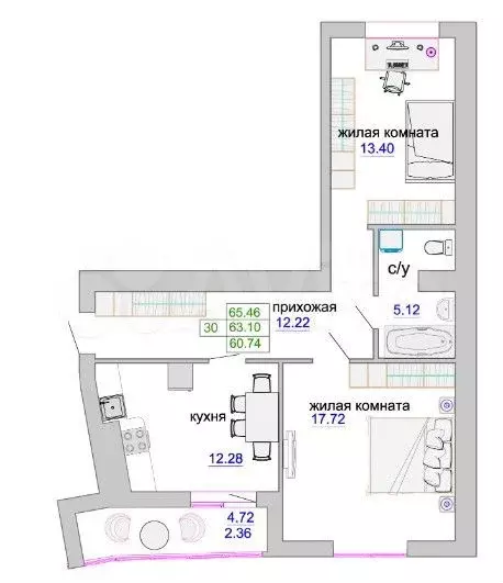 2-к. квартира, 63,5 м, 8/9 эт. - Фото 1