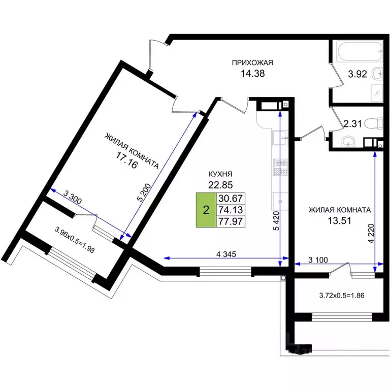 2-к кв. Краснодарский край, Новороссийск 5-я Бригада мкр,  (77.97 м) - Фото 1