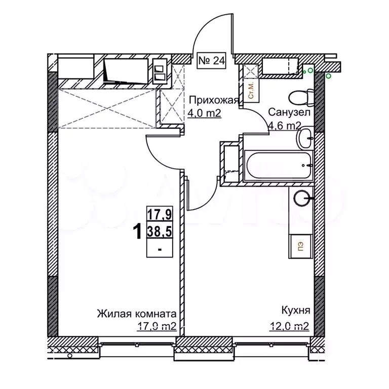 1-к. квартира, 38,5 м, 4/24 эт. - Фото 0