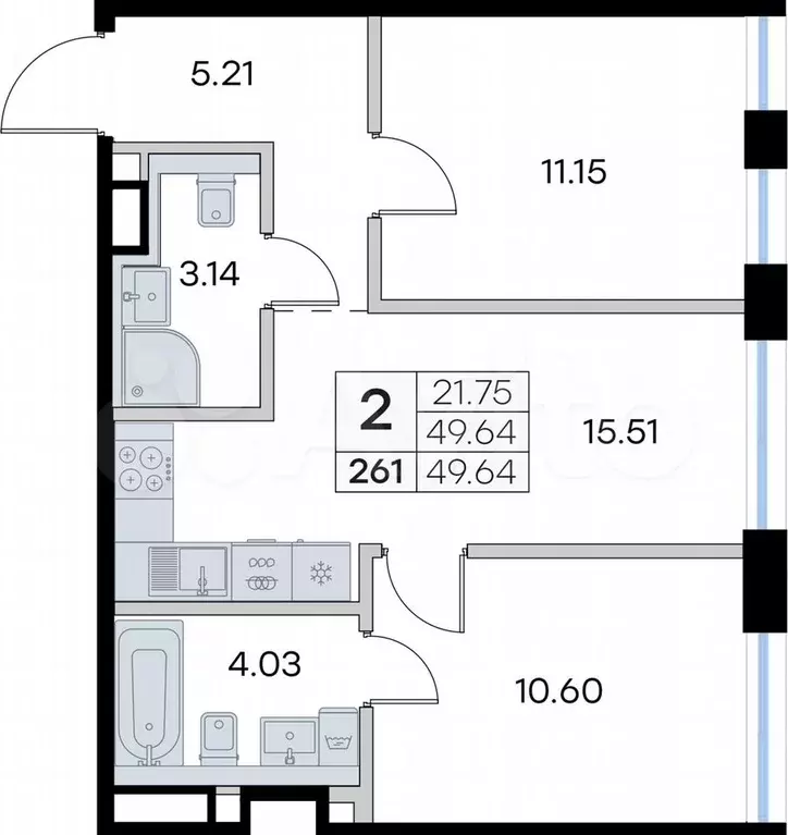 2-к. квартира, 49,6 м, 3/8 эт. - Фото 0