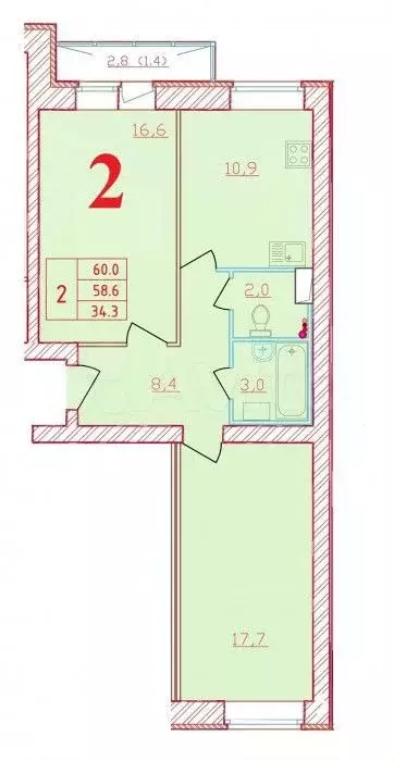 2-к. квартира, 60м, 8/9эт. - Фото 0