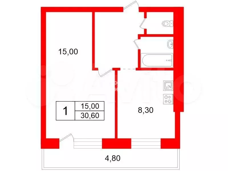 1-к. квартира, 30,6 м, 4/9 эт. - Фото 0