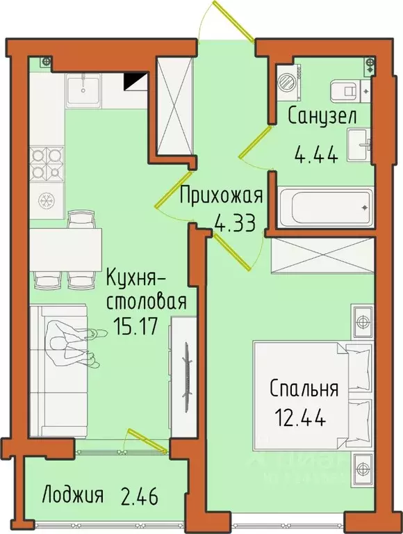 1-к кв. Калининградская область, Светлогорск пос. Отрадное,  (38.84 м) - Фото 0