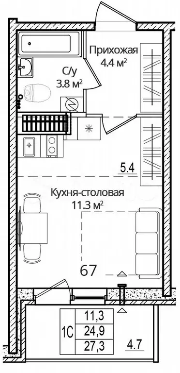 Квартира-студия, 27,3 м, 10/16 эт. - Фото 0