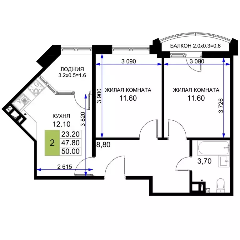 2-комнатная квартира: Анапа, жилой комплекс Песчаный (50 м) - Фото 0