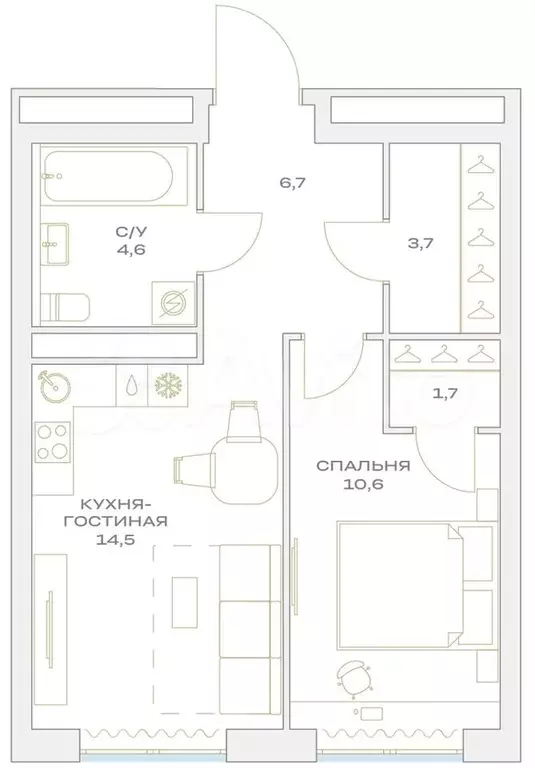 1-к. квартира, 41,8 м, 21/23 эт. - Фото 1