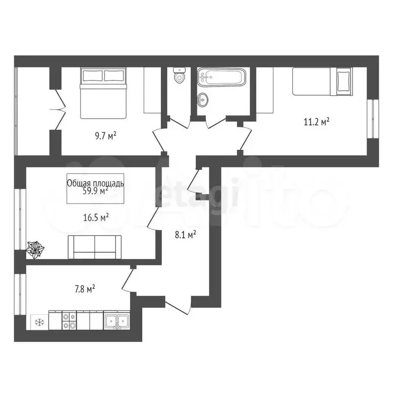 3-к. квартира, 61,5 м, 6/9 эт. - Фото 0