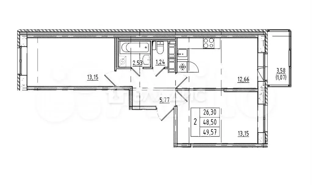 2-к. квартира, 50 м, 3/11 эт. - Фото 0