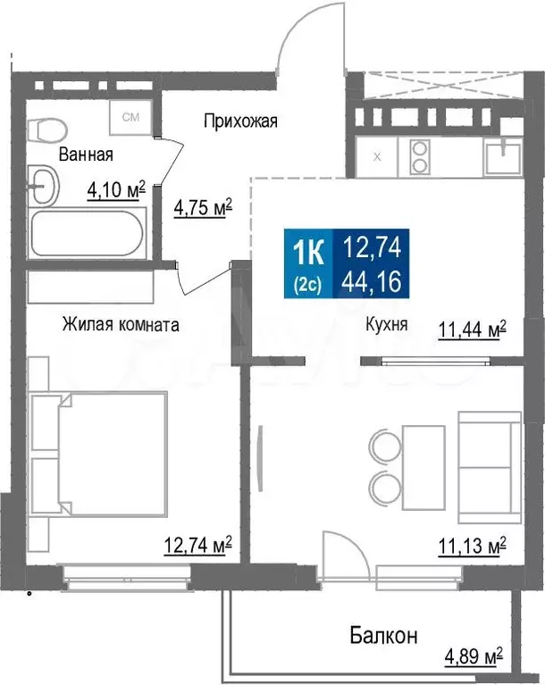 1-к. квартира, 44,2 м, 6/25 эт. - Фото 1