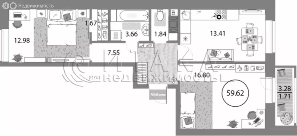 2-комнатная квартира: Санкт-Петербург, проспект Авиаконструкторов, 54 ... - Фото 1