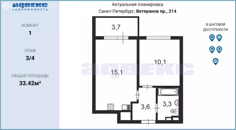 1-комнатная квартира: Санкт-Петербург, проспект Ветеранов, 214 (32.34 ... - Фото 1