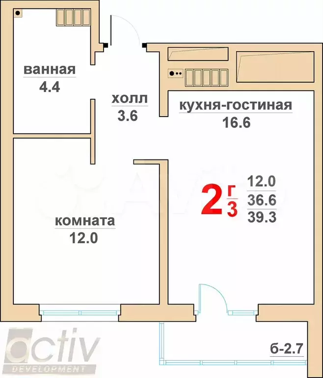 2-к. квартира, 39,3 м, 2/16 эт. - Фото 1
