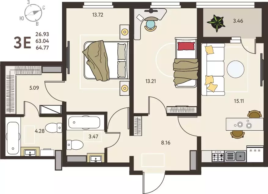 2-комнатная квартира: Курск, микрорайон Курского Завода Тракторных ... - Фото 0