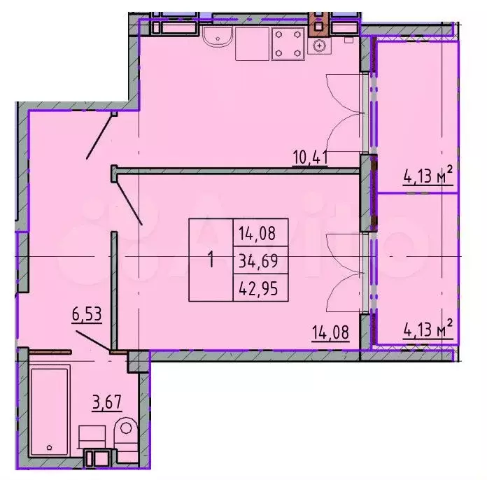 1-к. квартира, 43 м, 2/5 эт. - Фото 0