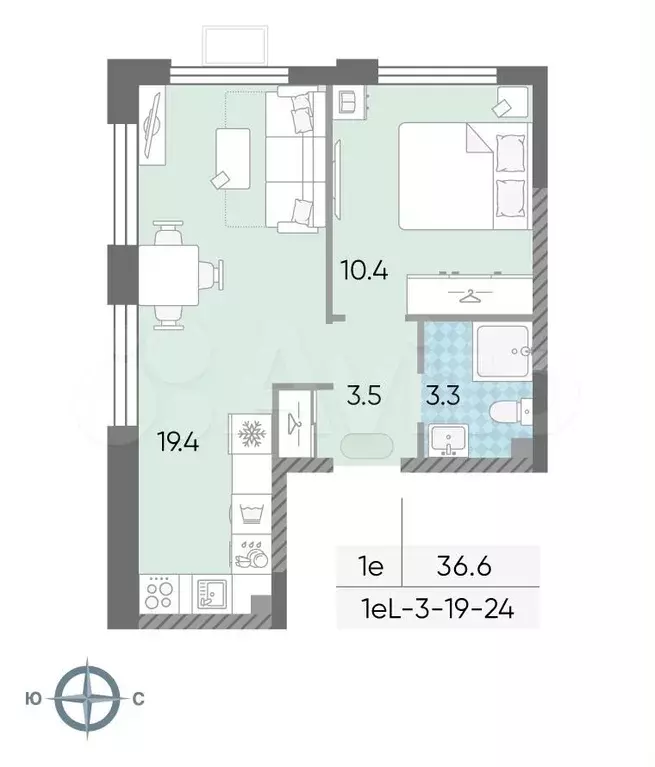 1-к. квартира, 36,6м, 22/24эт. - Фото 1