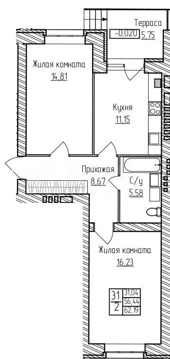 2-к. квартира, 62,2 м, 1/3 эт. - Фото 0