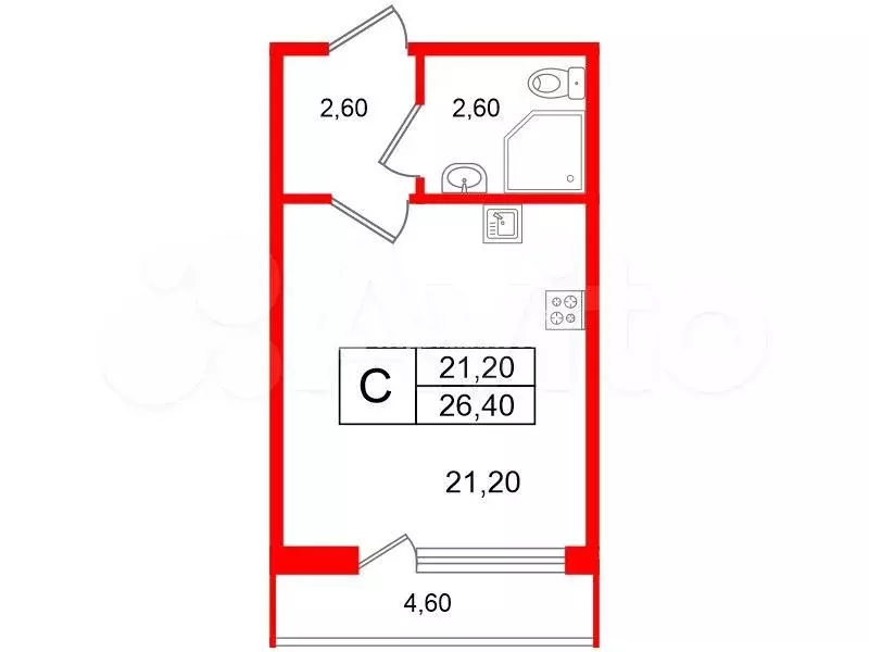 Квартира-студия, 26,4 м, 8/12 эт. - Фото 0