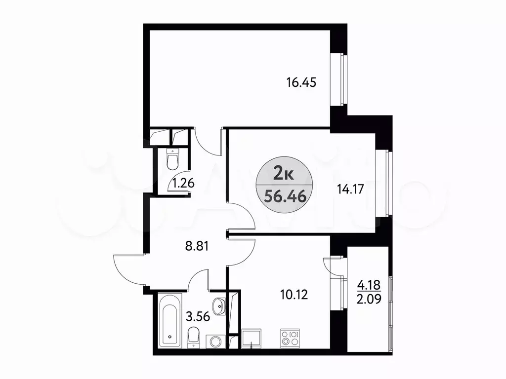 2-к. квартира, 56,5 м, 8/17 эт. - Фото 0