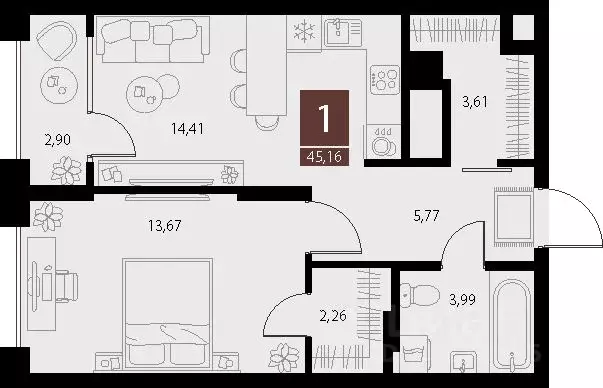 1-к кв. Рязанская область, Рязань ул. Бирюзова, 20с1 (45.16 м) - Фото 1
