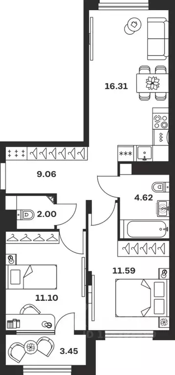 2-к кв. Тульская область, Тула Баташи Парк жилой комплекс (58.13 м) - Фото 1