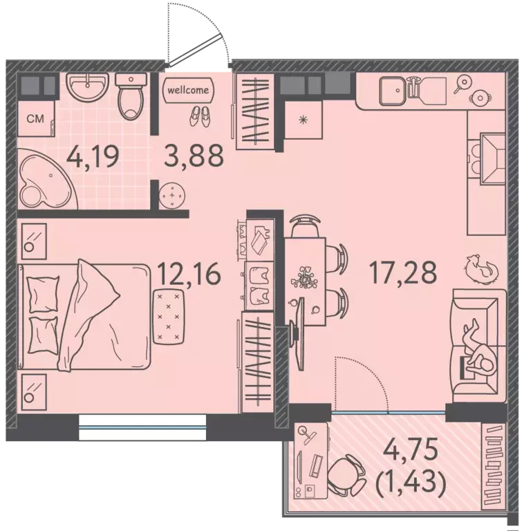 1-к квартира, 38.94 м - Фото 0