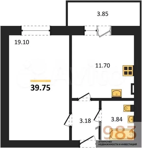 1-к. квартира, 39,8 м, 2/4 эт. - Фото 0