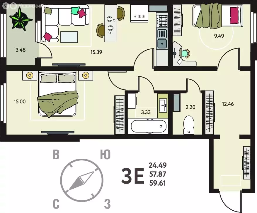 2-комнатная квартира: Липецк, ЖК Инстеп. Механизаторов (59.61 м) - Фото 1